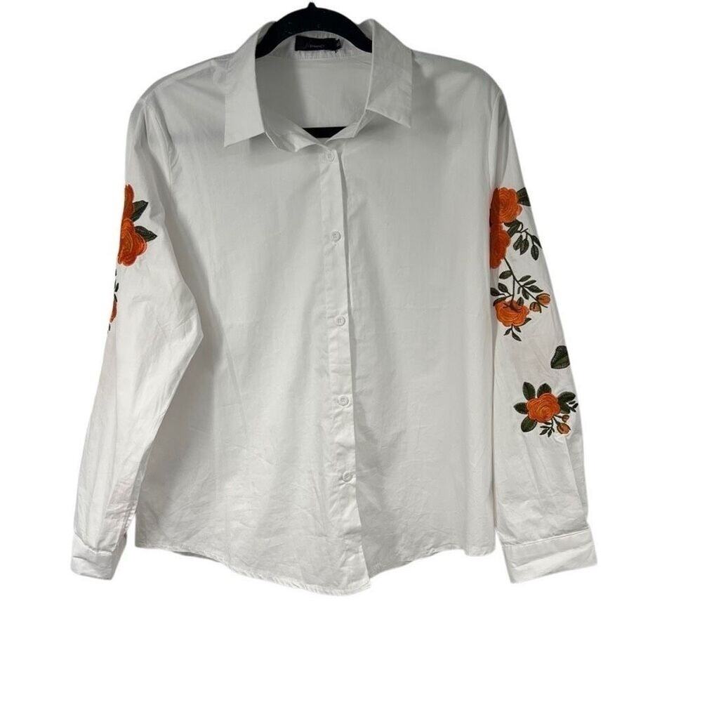 N by Nancy White Orange Rose Embroidered Button Up Shirt XL Womens